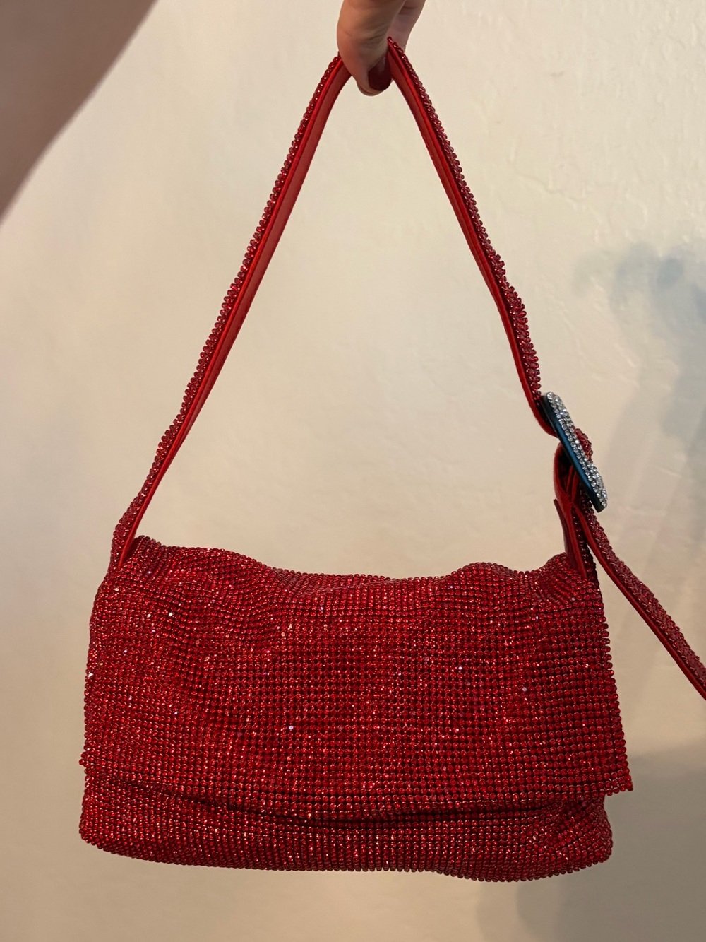 Red Crystal-Embellished Shoulder Bag with Buckle Detail
